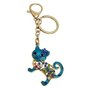 3/$30 CAT KEYCHAIN GOLD TONE BLUE ENAMEL RHINESTONE KITTY BAG CHARM NWT GIFT